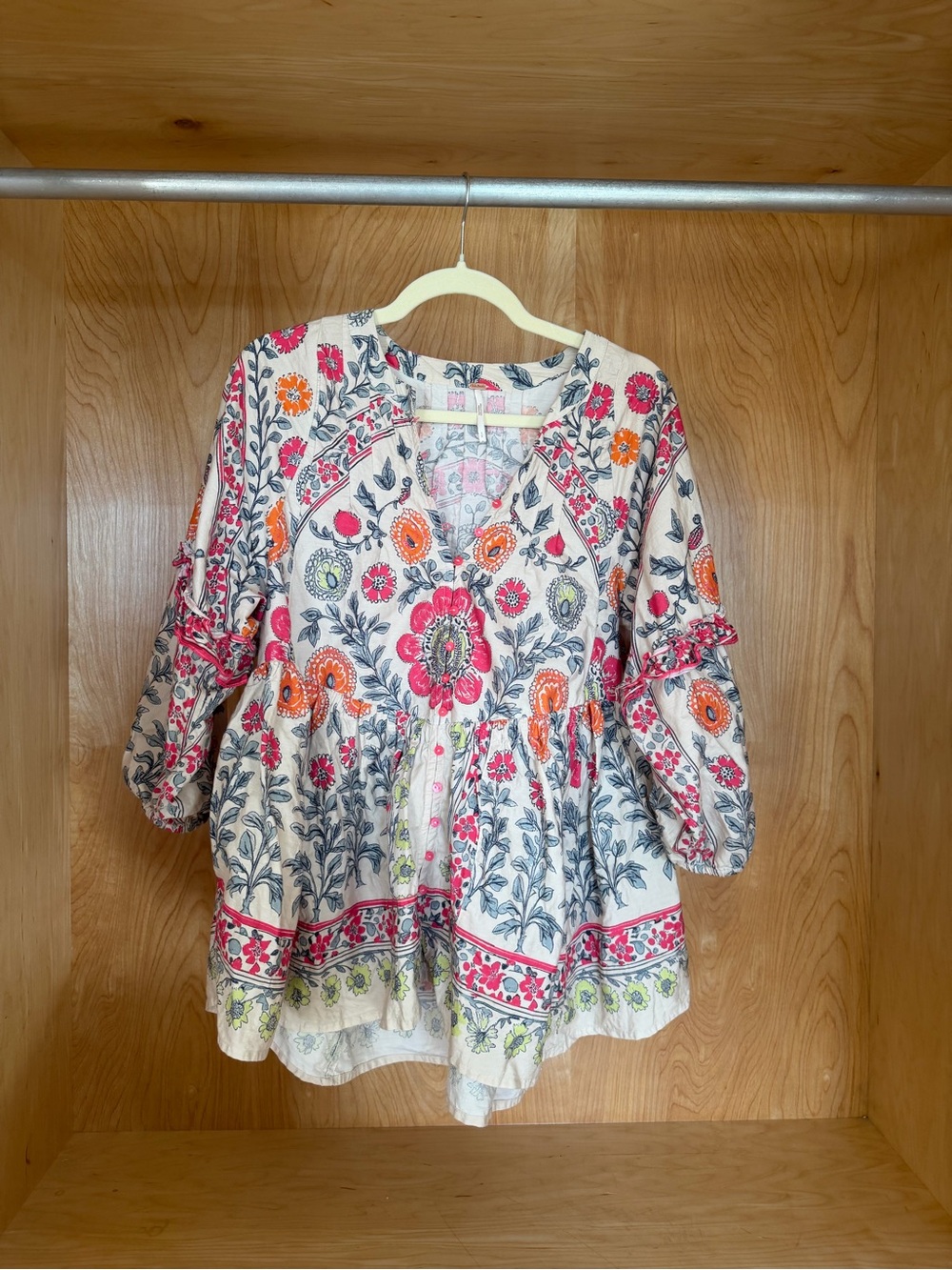 Free People Floral Peasant Blouse in Cream with Pink & Orange Accents